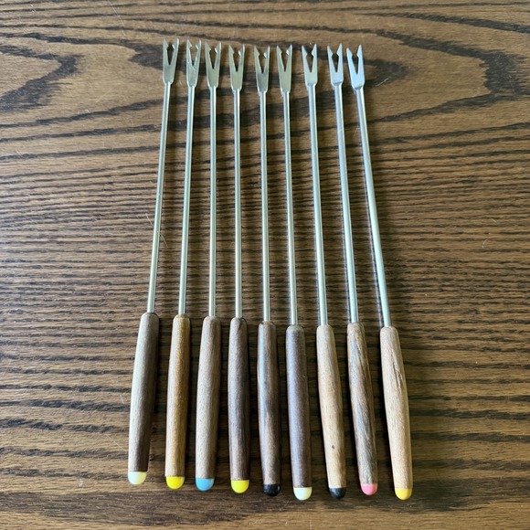 Other - VTG Fondue Forks Stainless Steel Wood Handles Colored Tips Set of 9 Japan